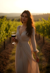 Obraz premium Young woman in a flowing dress holding a glass of red wine in a sunlit vineyard at sunset