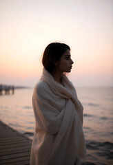 Fototapeta premium Young woman wrapped in a warm blanket standing on a wooden pier at sunset, looking out over the calm water