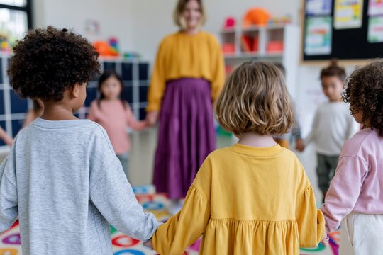 Group of preschool children holding hands in a colorful classroom circle with teacher for early education activity background and classroom banner