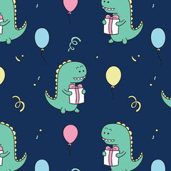 Dino party with seamless pattern and greeting card, birthday invitation with cute dinosaurs celebrating © amna