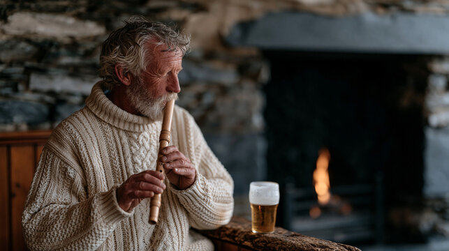 An Irish folk musician tunes a wooden flute beside a peat fire in a rural pub snug, the low ceiling and stone walls creating an intimate acoustic space, a half finished pint