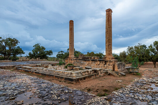 Ruins of ancient Greek city Ptolemais in Eastern Libya show columns and foundation of a once thriving center