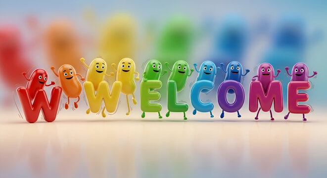 Colorful 3D Alphabet Letters Spelling Welcome in Bright Gradient Background