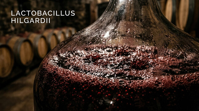 Detailed view of bubbling wine fermenting in a glass carboy surrounded by wooden barrels in a charming rustic cellar