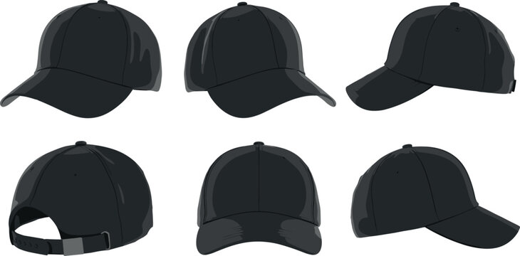 Black baseball cap template mockups set from different angles side front back views for apparel branding presentation design vector.