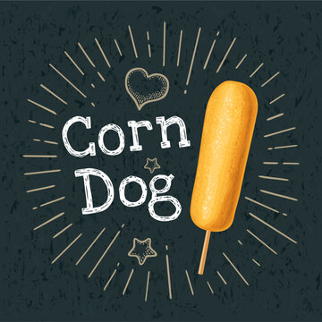 Corndog. Vector color realistic illustration without gradient for poster, label and menu cafe fast food. Isolated on the black chalkboard with vintage white chalk engraving rays, lettering.