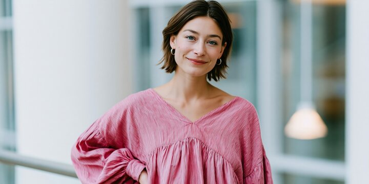 Professional relaxed smiling businesswoman portrait in pink blouse for corporate profile and website banner headshot with modern office background for linkedin and team page