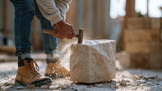 A stonemason chips at a granite block with a metal chisel in an open yard, stone dust settling around his boots, a partially assembled garden wall visible nearby, the rhythmic