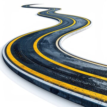 Winding dark asphalt road with yellow lines curves into distance