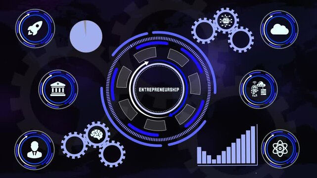 Digital HUD interface displaying entrepreneurship concept with business technology and growth icons on dark background.