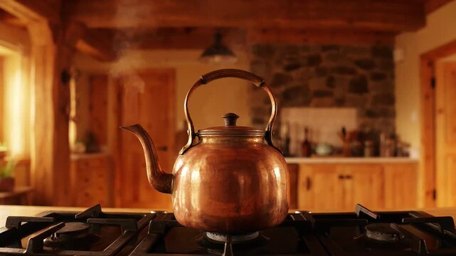 Steaming copper teapot on a gas stove burner in a rustic wooden kitchen with stone wall steam boiling tea hot drink
