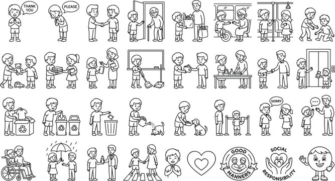Good Manners and Social Responsibility Icon Set with Kids Politeness Kindness Helping Elderly and Environmental Protection Line Art VectorGood Manners and Social Responsibility Icon Set with Kids Poli