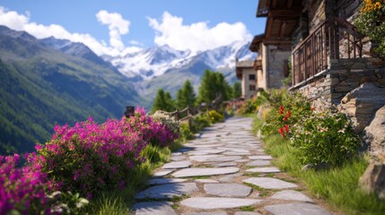 Naklejka premium A scenic pathway lined with vibrant flowers, leading towards majestic mountains under a clear sky