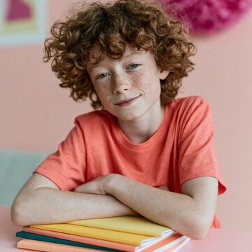 Freckled redhead student portrait with colorful notebooks for back to school banner and classroom poster promoting study and confidence