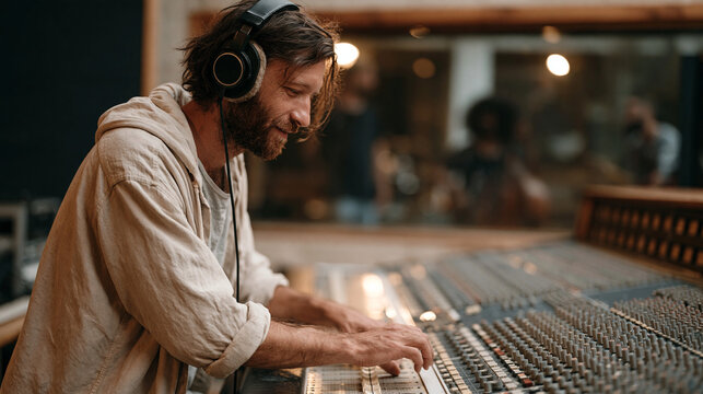 sound engineer in a dimly lit recording studio adjusting faders on a large analog mixing console, session musicians visible through the glass beyond, music production process,