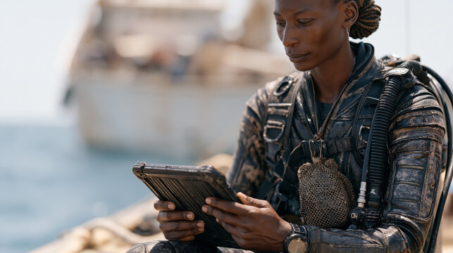Kenyan marine biologist in wetsuit on reef survey platform reviews underwater transect data on waterproof tablet, mesh collection bag clipped to BCD, research vessel deck blurred