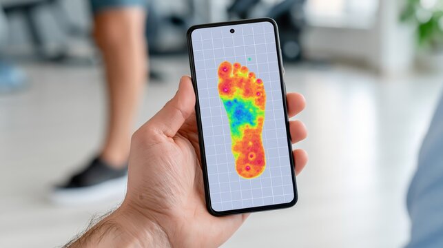Foot pressure map displayed on a smartphone app showing pressure distribution