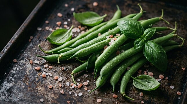 Close-up of freshly harvested crisp green bean pods on a dark textured metal surface, beautifully garnished with basil and pink salt.