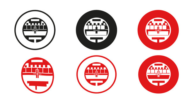 A collection of six circular icons featuring a stylized illustration of a building, each with a different color scheme and outline.