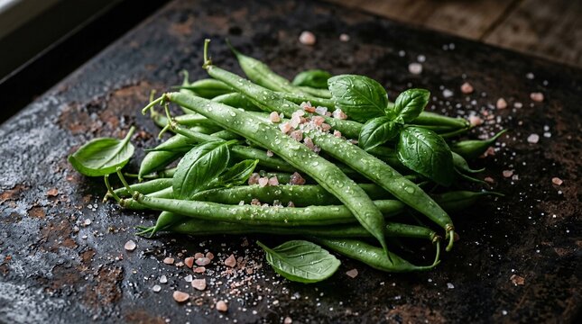 Close-up of freshly harvested crisp green bean pods on a dark textured metal surface, beautifully garnished with basil and pink salt.