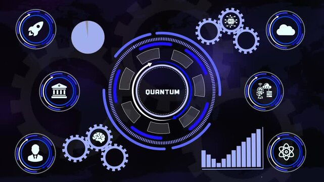 Advanced quantum computing digital interface display with atomic symbols, metrics, and futuristic data