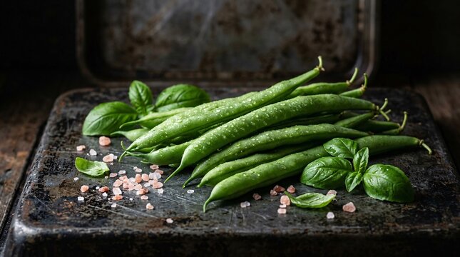 Close-up of freshly harvested crisp green bean pods on a dark textured metal surface, beautifully garnished with basil and pink salt.