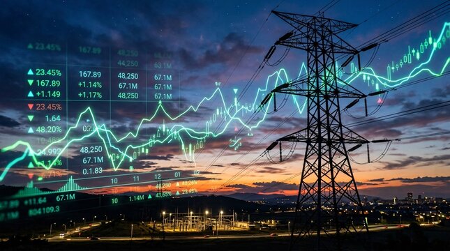 Conceptual financial image blends a silhouetted massive steel electrical tower against a twilight sky with glowing green market graphs.