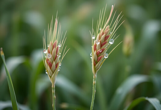 Two green wheat ears with glistening morning dew drops in a lush agricultural field, growth and harvest