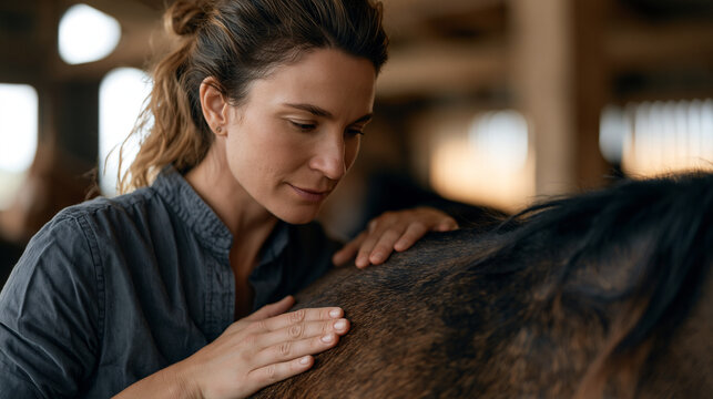 equine physiotherapist working along the hindquarters of a horse in an open stable, hands applying pressure with a focused expression, animal sports medicine, veterinary wellness,
