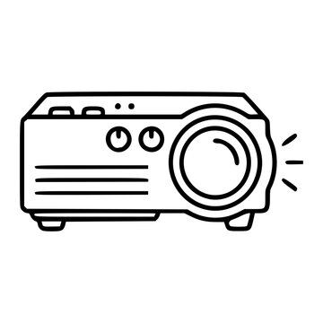 Hand-drawn minimalist vector icon illustration of a modern video projector with lens and buttons clean outline style scalable graphic design element for tech presentations and office use