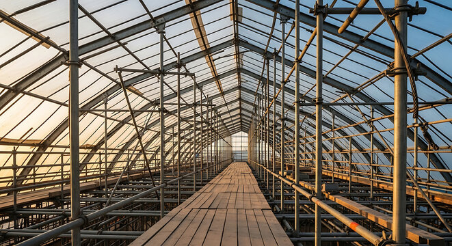 Industrial metal structure with scaffolding inside a greenhouse roof construction site at sunset