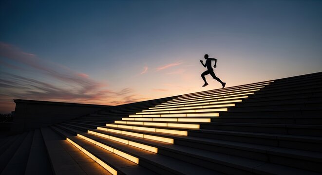 Athlete running up modern light-up stairs at night.