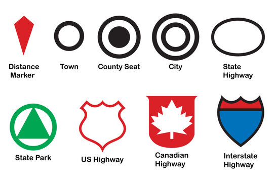 North American Highway Map Symbols Set, Road Marker Icons, Interstate, US Highway, Canadian Highway, State Park and City Map Navigation Signs