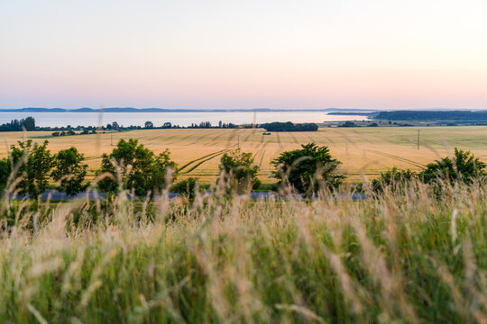 Golden Hour View over the Great Jasmund Bodden on R&uuml;gen with Grass in Foreground