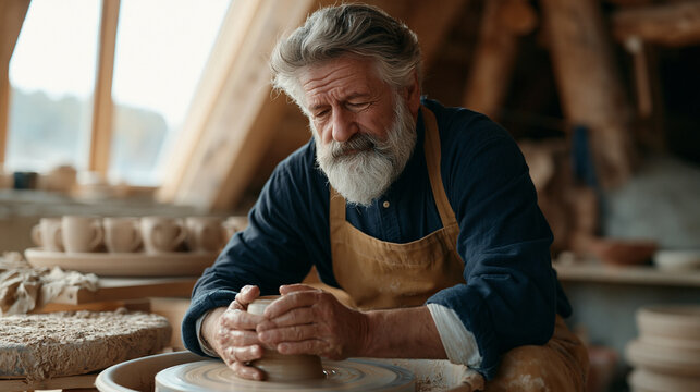 Retiree potter at kick wheel in rural studio shapes cylinder of wet clay with focused hands, bat of finished mugs drying on shelf behind, wedging board dusted with grog, high