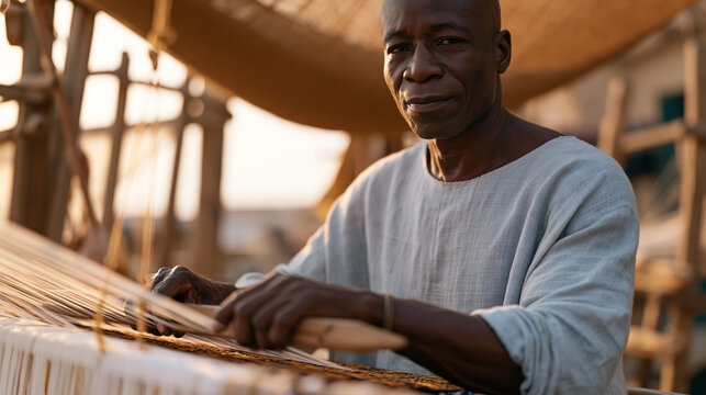 A Ghanaian textile weaver throws a shuttle across a narrow strip loom under a shade canopy, hands moving in practiced rhythm, bright kente patterns emerging in the woven cloth,