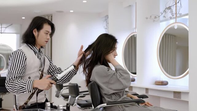 Hairdresser stylist making curls hairstyle with a curling iron and make wave for long hair of the female customer with silk robes in modern spa hair salon care service for a stylish transformation