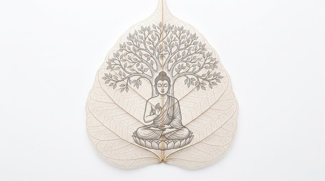 Buddha sitting under a tree on a bodhi leaf skeleton isolated on white background