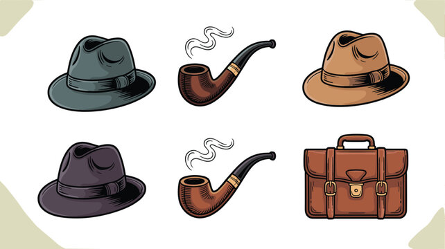 Vintage detective elements set with classic fedora hats smoking pipes and leather briefcase isolated on white background