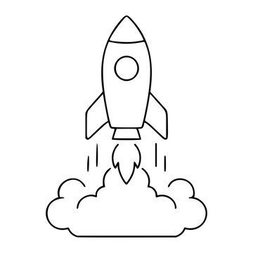 Minimalist hand-drawn vector illustration showing rocket launching upward emitting flames above clouds outline scalable line icon perfect for technology and space themed designs