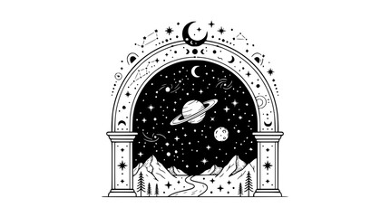 Cosmic Archway: Saturn, Moon, Stars, Mountains, and Galaxy View © illustration