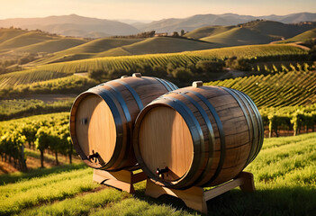 Obraz premium Two wooden wine barrels on stands in a vineyard with rolling hills at sunset, Winemaking and agriculture