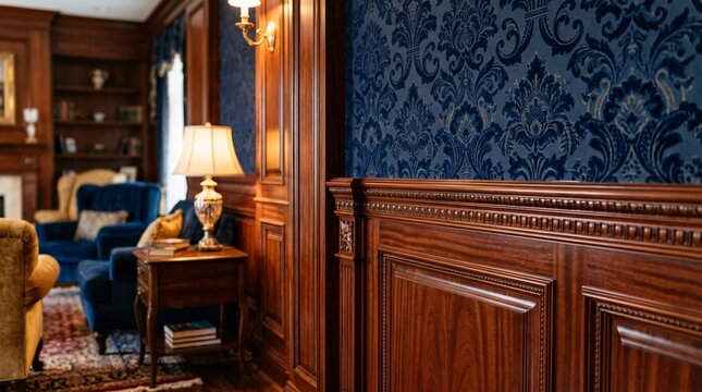 Exquisite architectural detail highlights rich polished mahogany wooden wainscoting paired with elegant deep navy blue damask wallpaper.