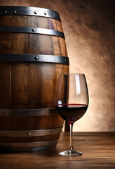 Obraz premium Red wine glass and wooden barrel on a rustic table, winery and cellar concept, beverage and alcohol industry