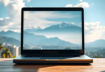 Obraz premium Laptop displaying a snowy mountain landscape on screen with a blurred outdoor mountain view background, the device sits on a wooden surface with a blurred outdoor background mountains, city