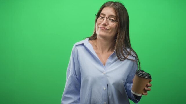 Woman holding disposable coffee cup shrugs shoulders and smirks in studio with green screen backdrop; skepticism.