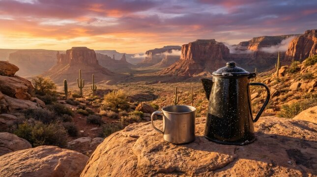 Classic enamel camping coffee pot and metal mug on a rock overlooking a majestic desert canyon landscape at sunrise.