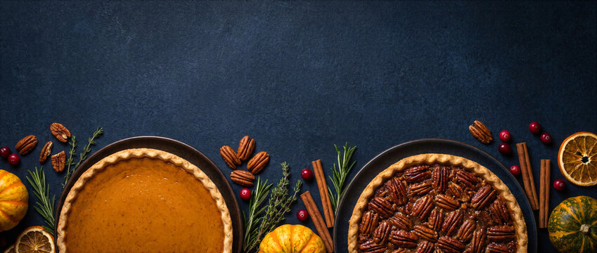 Pumpkin pie and pecan pie border with pecans, cranberries and cinnamon on navy blue background with large copy space. Thanksgiving baking concept for banner, cover, menu and catering design.
