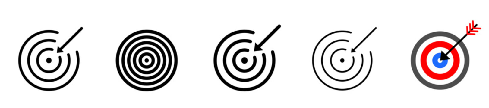 target dartboard icon set. transparent background bullseye goal aim collection. business marketing success objective concept. black outline and red arrow vector design
