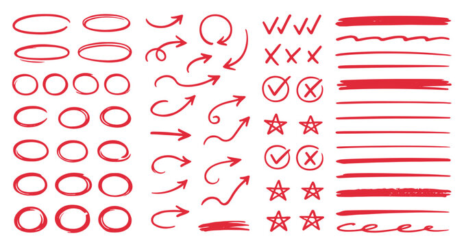 Line marker highlight, arrow, check mark red set. Line red marker hand drawn pen brush stroke underline check. Star oval sticker sign note scribble emphasis icon element. Vector illustration